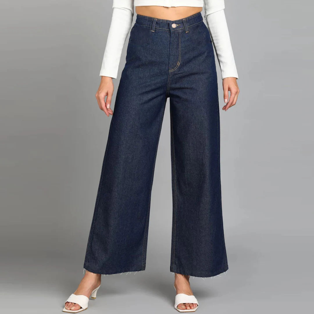 extra wide leg high rise stretchable solid blue jeans for Girls