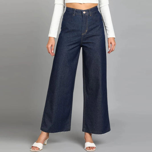 extra wide leg high rise stretchable solid blue jeans for Girls
